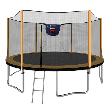 14Ft Powder Coated Advanced Trampoline With Basketball Hoop Inflator And Ladder (Outer Safety Enclosure) - Orange - Trampolines - Alpine Outlets