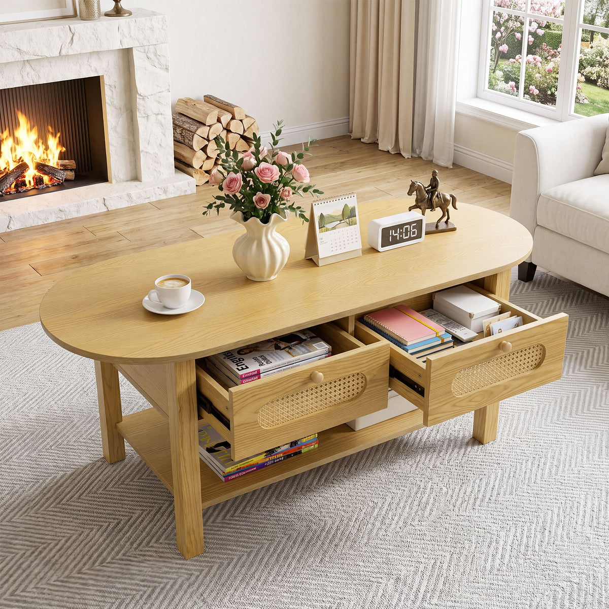 Oval Coffee Table With With 2 Storage Drawers For Living Rooms - Wood