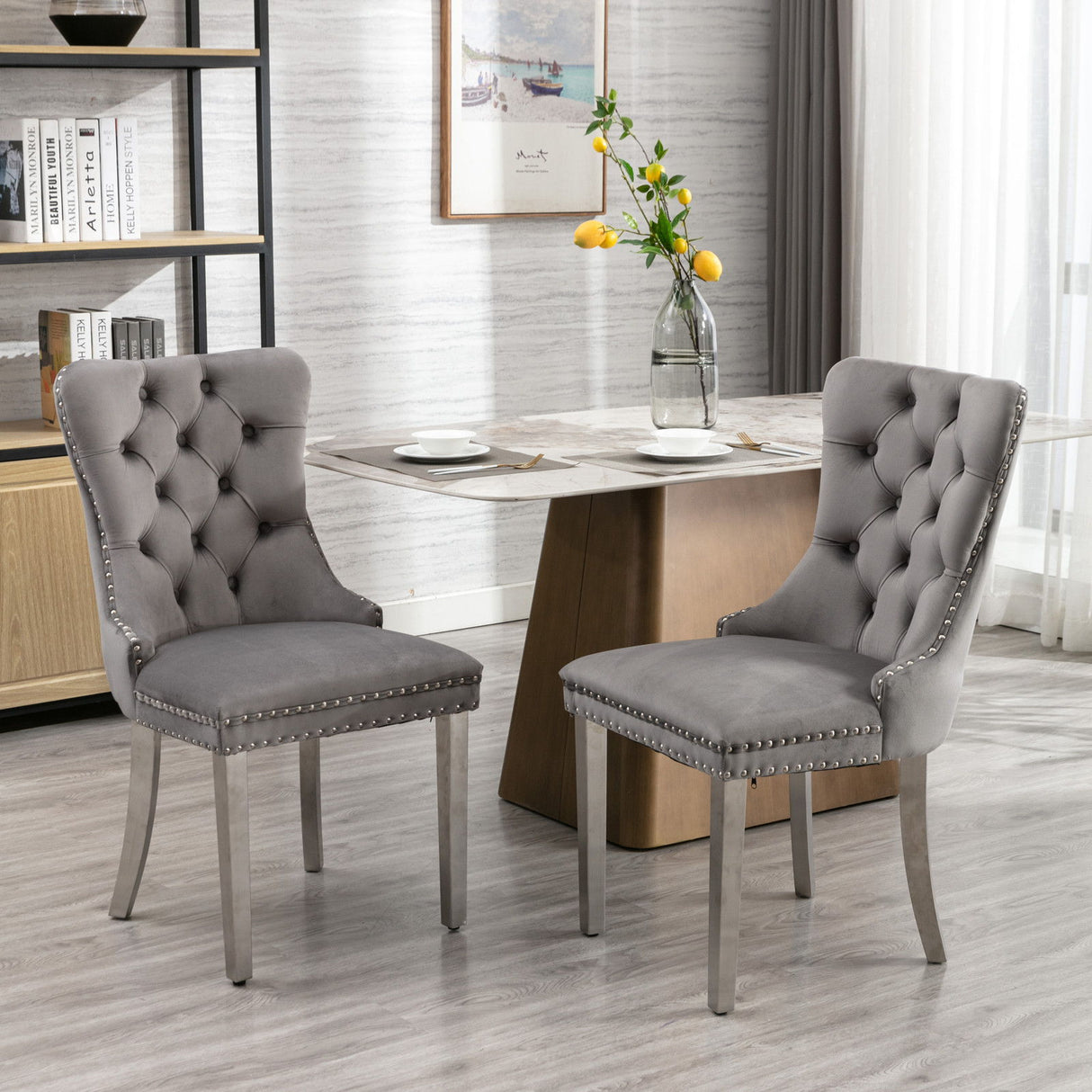 Nikki - Modern, High-End Tufted Solid Wood Contemporary Velvet Upholstered Dining Chair With Chrome Stainless Steel Plating Legs, Nailhead Trim (Set of 2) - Chair Sets - Alpine Outlets