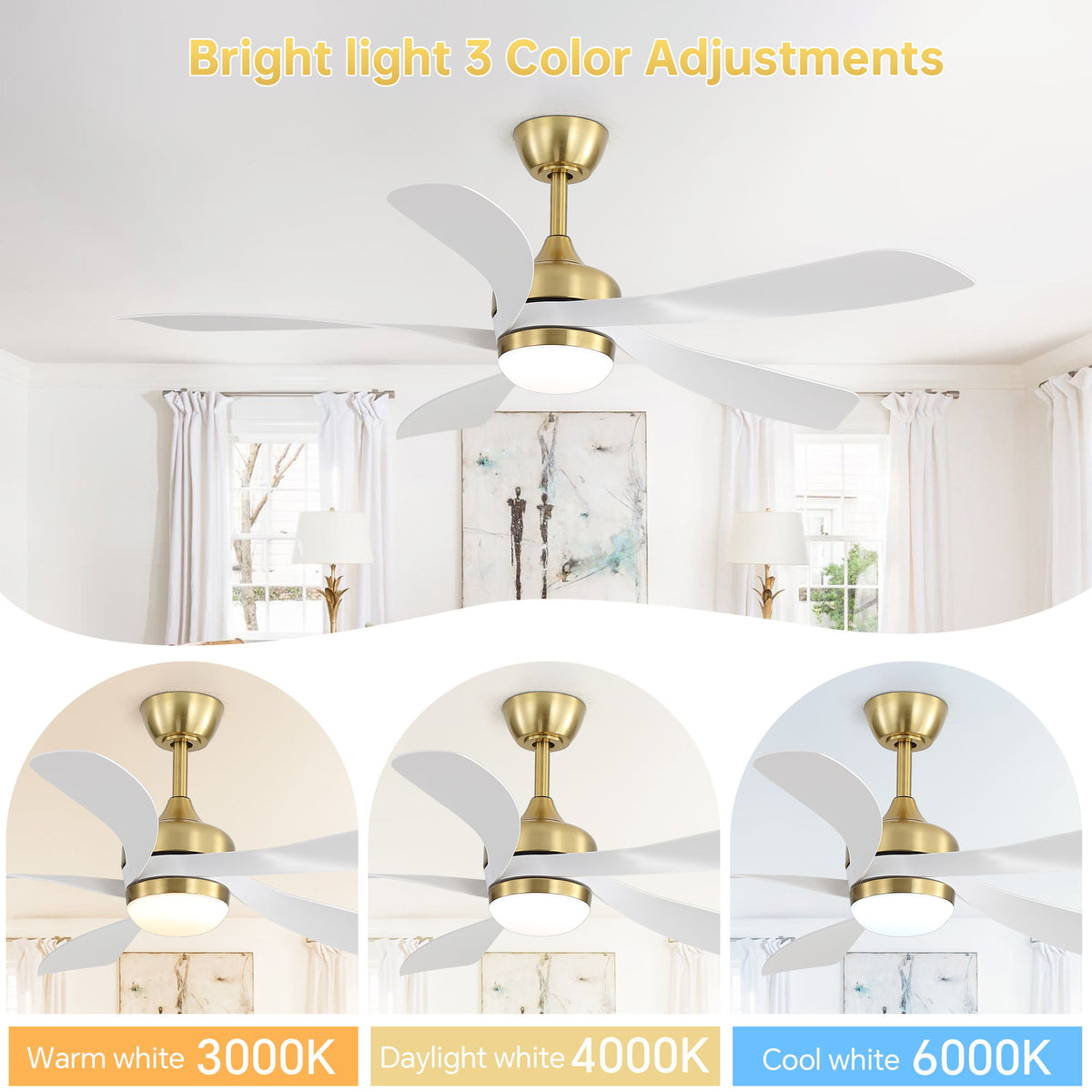 52" Indoor Ceiling Fan With 3 Color Dimmable LED Light Blades, Reversible DC Motor, Remote Control