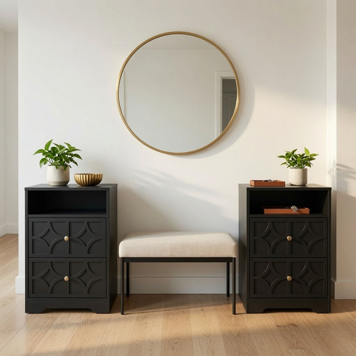 Nightstand With Diamond Carvings Handles, 2 Drawers & Charging Station