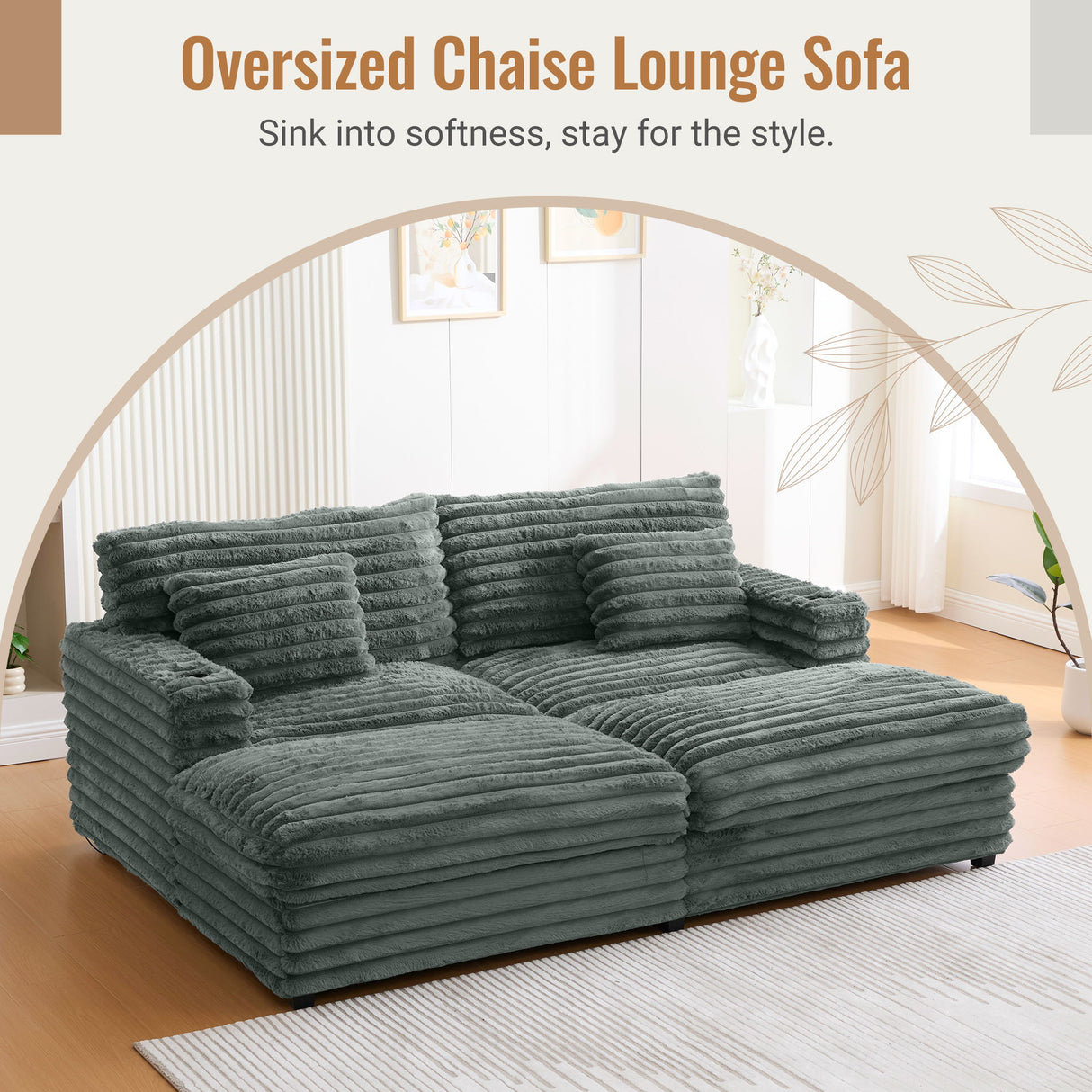 Oversized Double Chaise Lounge Sofa With USB Ports And Cup Holders