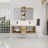 Floating Double Sink Bathroom Vanity Set With Tall Linen Cabinet, Drawers And Doors, Extra Large Storage, Integrated Sink, Soft Close Hardware - Glossy White / Light Oak