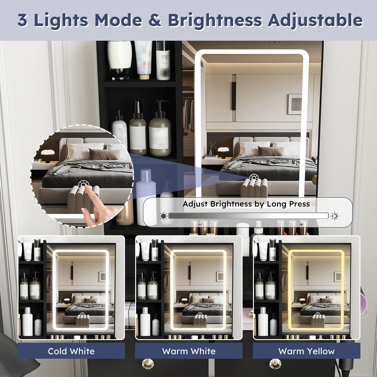 Modern Small Vanity Desk With 3 LED Lighting Modes, 3 Drawers