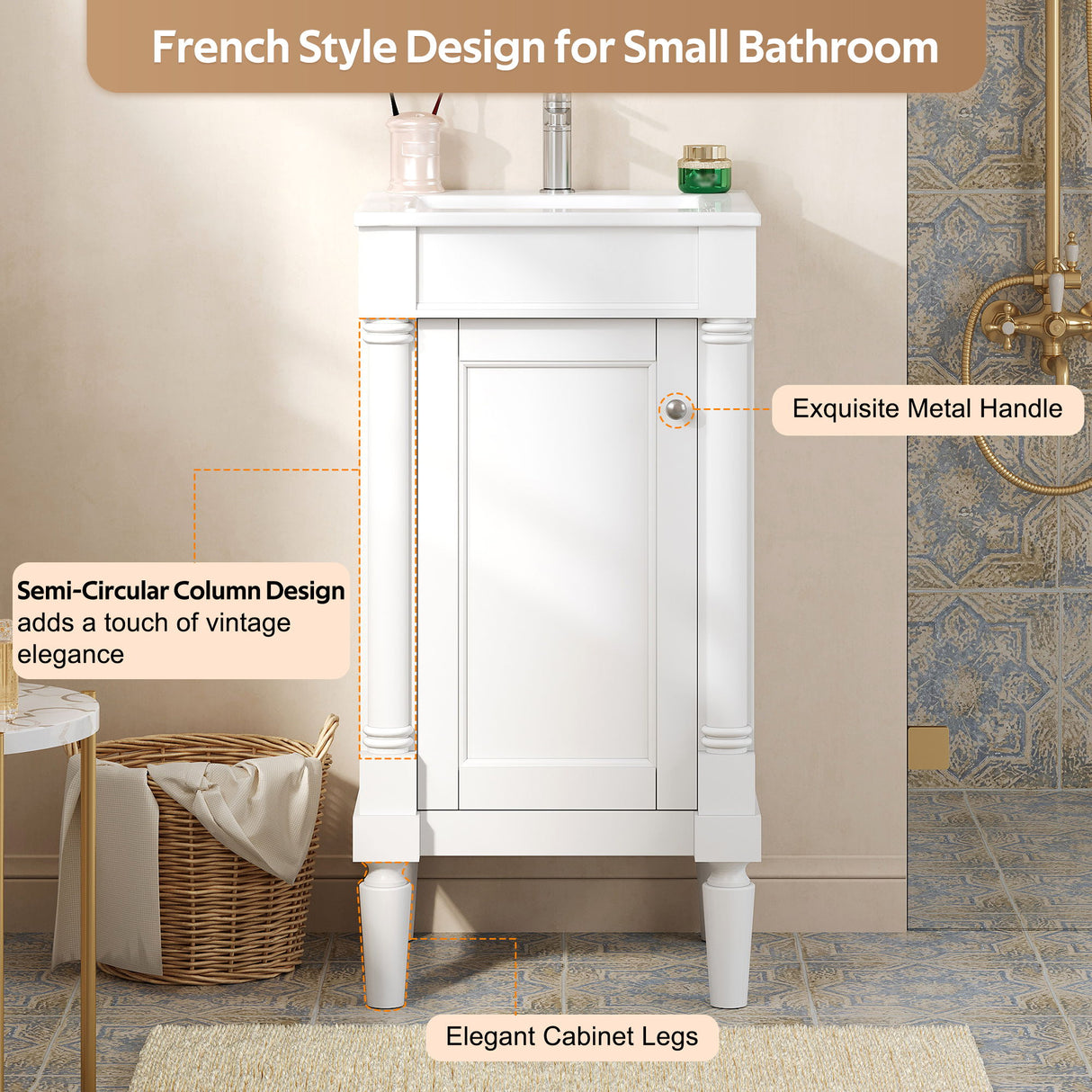 French Style Bathroom Cabinet With Sink, Adjustable Shelf