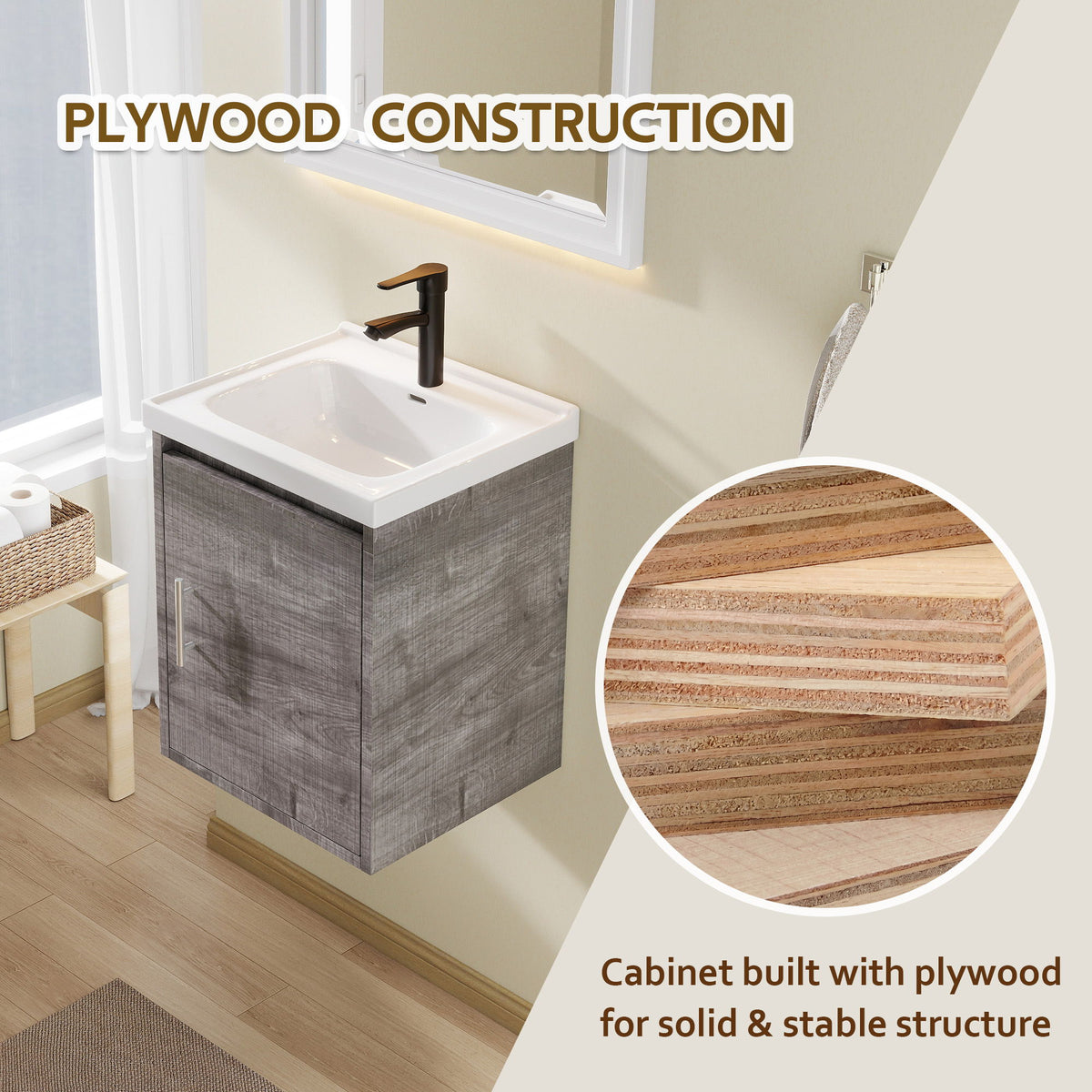 Floating Bathroom Vanity Combo, Wall Mounted Cabinet With Sink & Soft Close Doors For Small Bathrooms