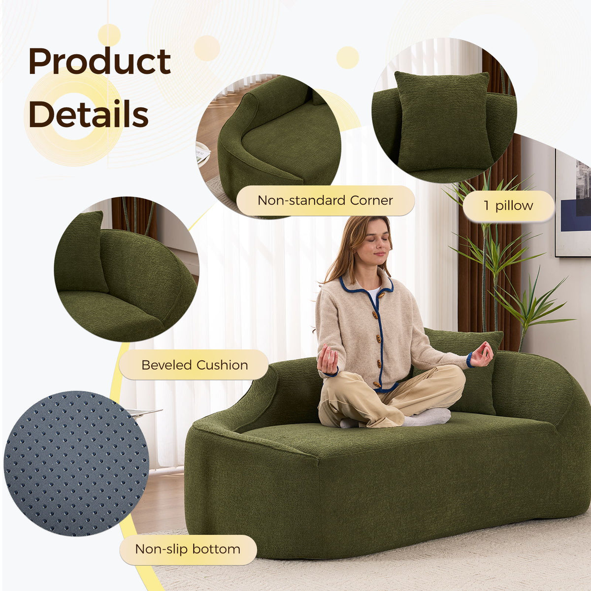 Compression Curved Chaise Longue Chair Indoor Loveseat Sofa Bed With Deep Seat And Pillow - Green