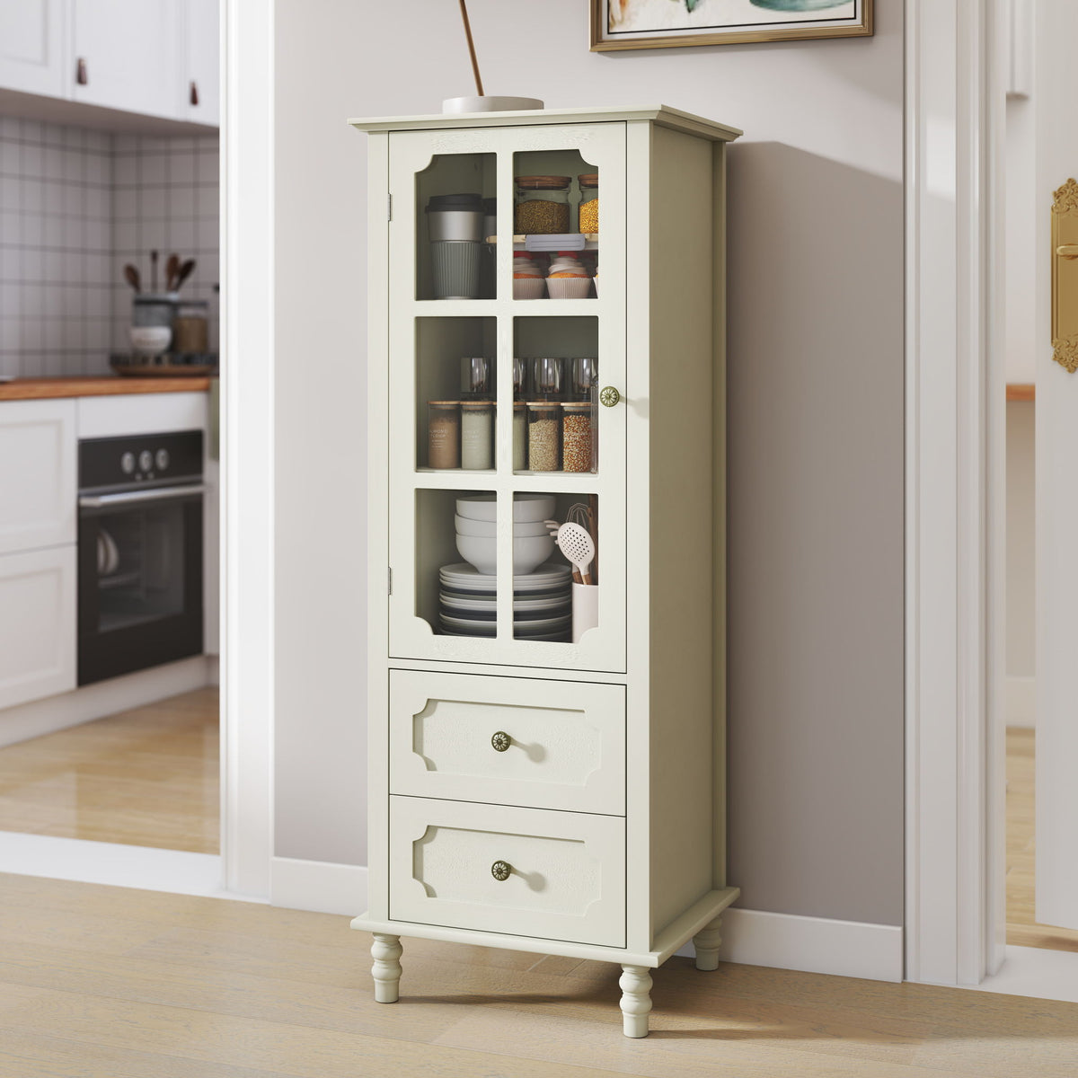 Minimalism Buffet Cabinet With Glass Doors And Double Drawer