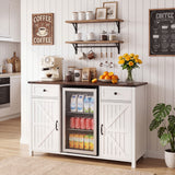 Coffee Bar With Mini Fridge Space & Built In Charging Station, Large Bar Cabinet With Drawers & Adjustable Shelves For Kitchen - White