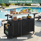 Foldable Outdoor Kitchen Island With Lockable Wheels, Storage Cabinet And Towel Rack For Patio