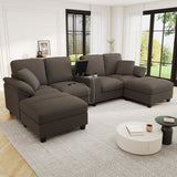 Modern U - Shaped Sectional Sofa With Storage Ottomans, USB Ports, And Cup Holders