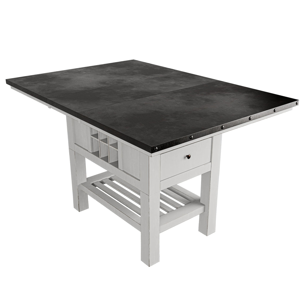 Counter Height Dining Table With 2 Leaves, Under Table Storage - Antique White / Gray