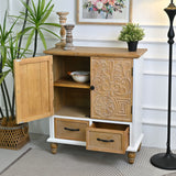 Accent Flower Carved Door Sideboard Cabinet With 2 Drawers For Kitchen - Natural Wood Wash / White