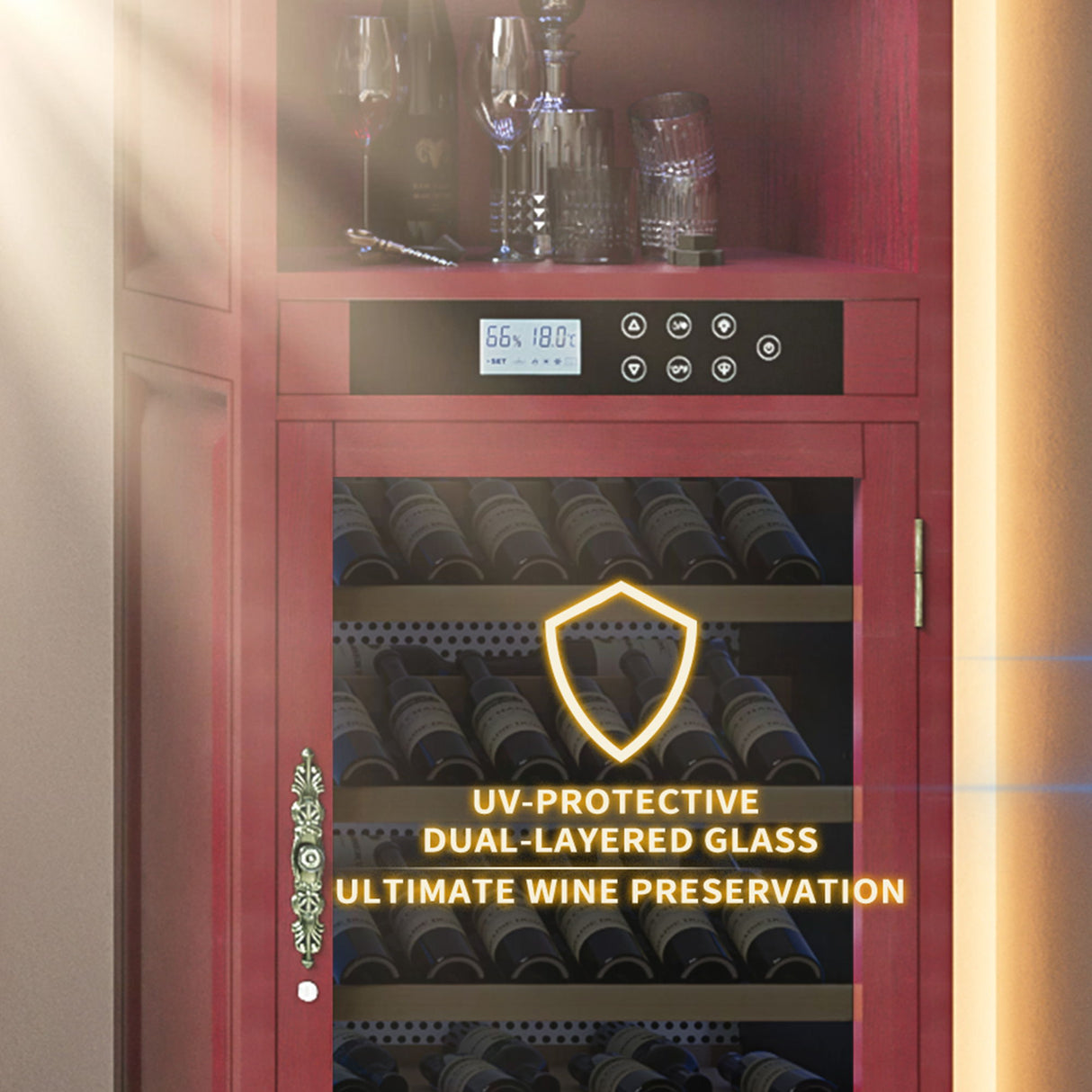 Single Zone Wine Cooler With Tempered Glass Door LED Lighting, 56 Bottle Capacity, Touch Screen Control - Cherry