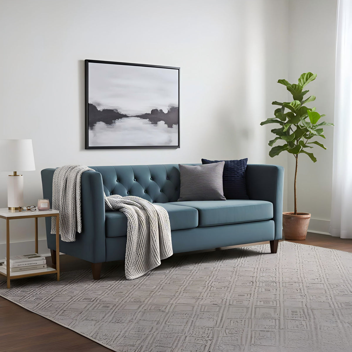 Button Tufted 3 Seater Sofa, Upholstered Couch For Living Room - Navy Blue