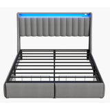 Upholstered Platform Bed Frame With RGB LED Lights, Charging Station & 2 Underbed Drawers