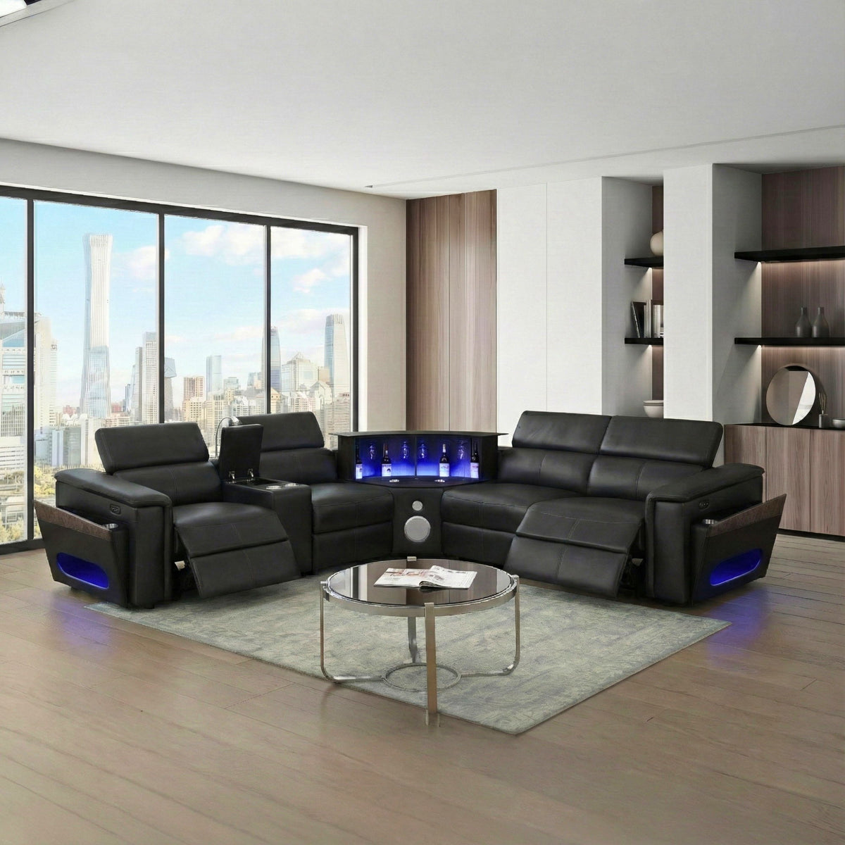 Nova - Sectional With Bluetooth Speaker, LED And Lifting Wine Cabinet