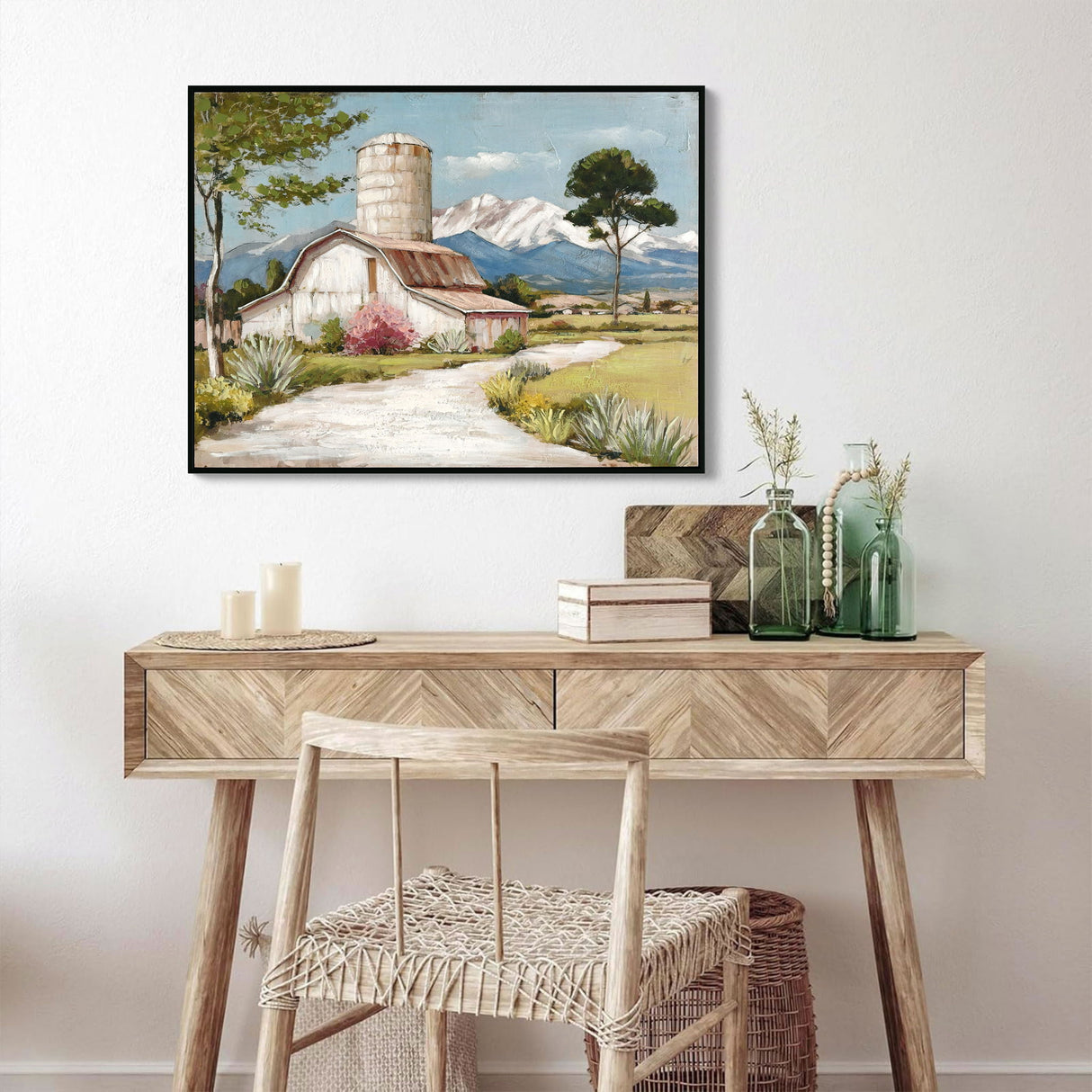 Framed Canvas Wall Art Beautiful Field Painting Wildflower Barn Print Nature Scenery Picture For Home - Blue / Pink