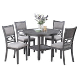 5 Piece Dining Set With Storage Shelves Round Table And Upholstered Side Chairs - Gray