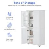 Tall And Wide Bathroom Floor Storage Cabinet With 4 Doors, Adjustable Shelves - White