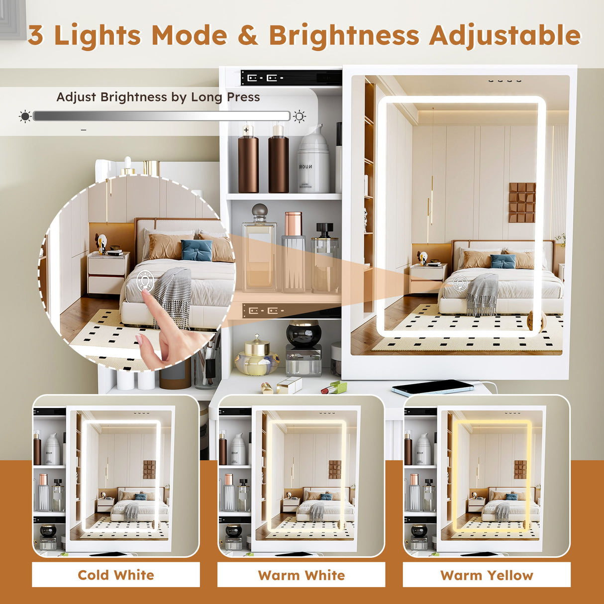 Modern Vanity Desk With 3 LED Lighting Modes, 4 Drawers