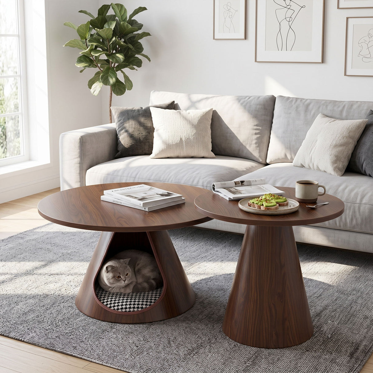 Nesting Coffee Table With Integrated Cat Cave Bed (Set of 2) - Walnut