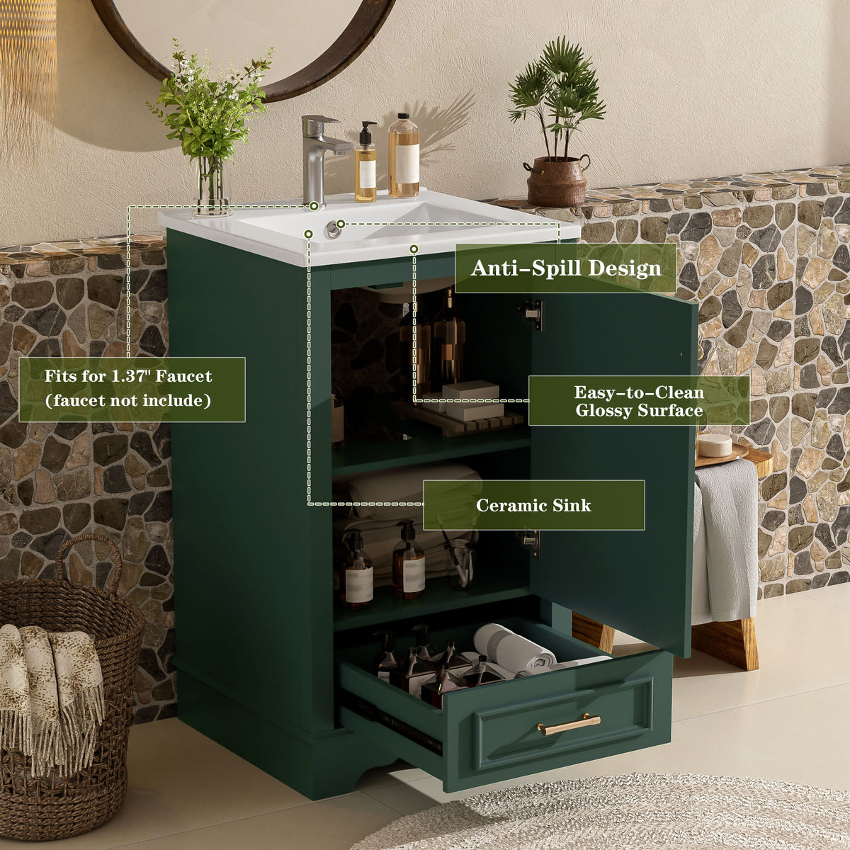 20" Bathroom Vanity With Sink, 1 Drawer, Freestanding Single Set