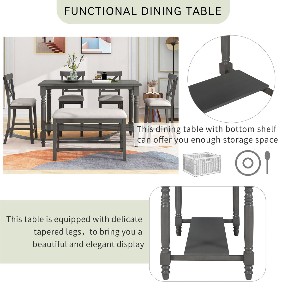 Counter Height Dining Set With Shelf, 4 Chairs And Bench