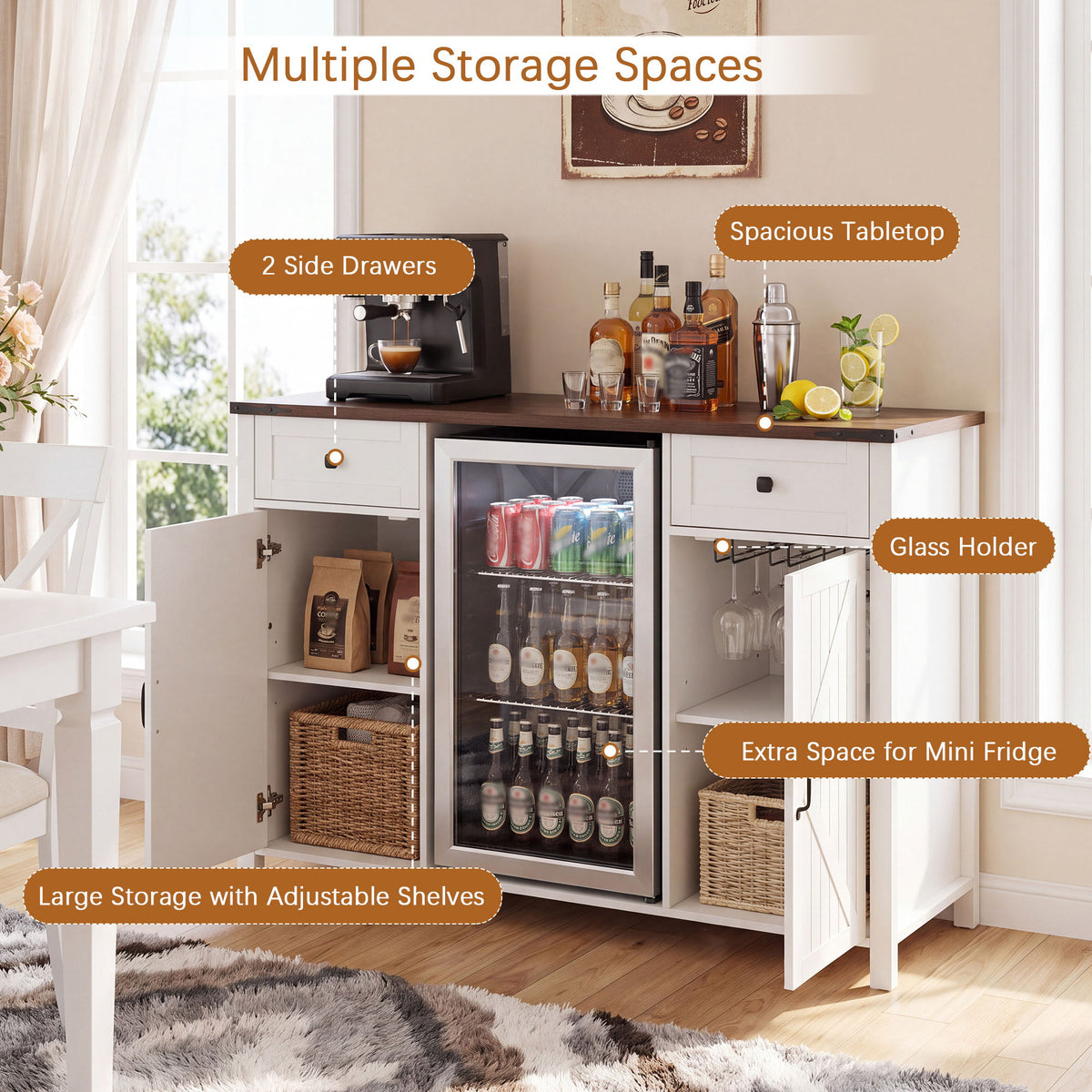 Coffee Bar With Mini Fridge Space & Built In Charging Station, Large Bar Cabinet With Drawers & Adjustable Shelves For Kitchen - White