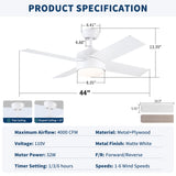 Ceiling Fan With Remote Control, Reversible DC Motor, 6 Speeds, 3 Dimmable LED, Quiet Timer For Indoor - White