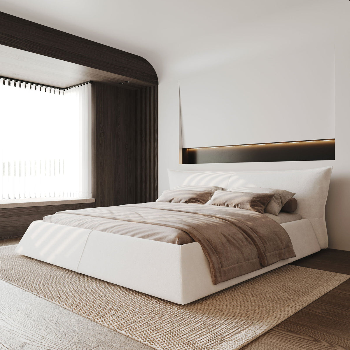 King Size Platform Bed With Special-Shaped Headboard - Cream