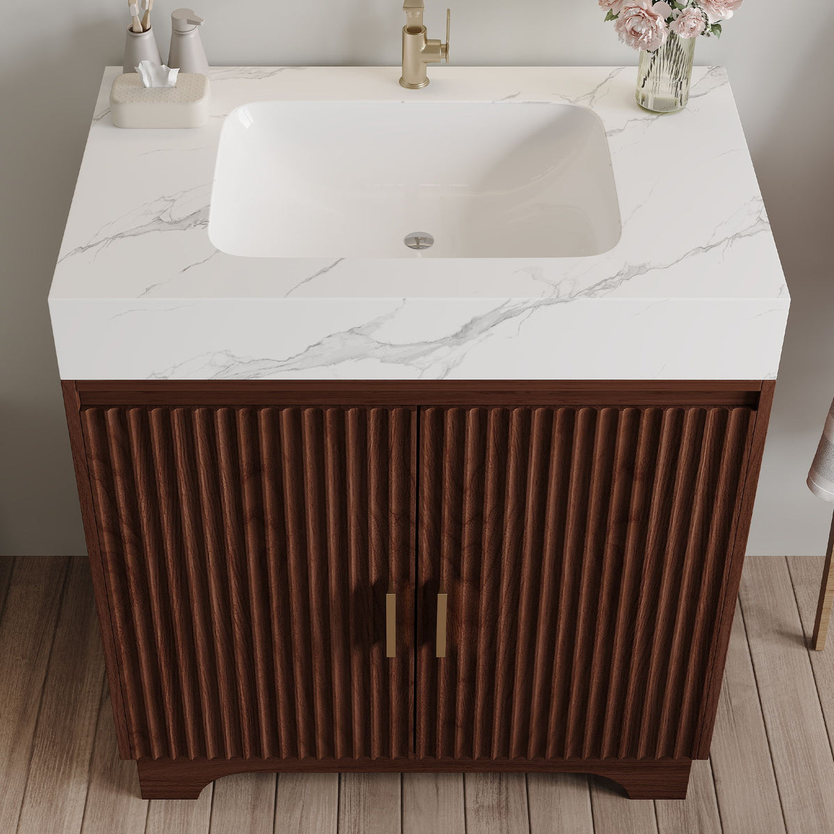 Freestanding Bathroom Vanity With Sink - Walnut / White