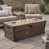 Outdoor Patio Gas Fire Pit Table Wood Pattern Lightweight Concrete 56x19in Dark Brown