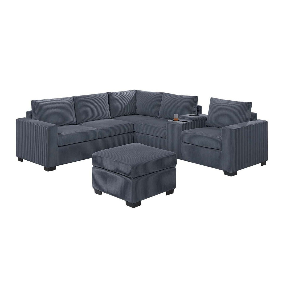Contemporary L-Shaped Sectional Set With USB Console & Ottoman