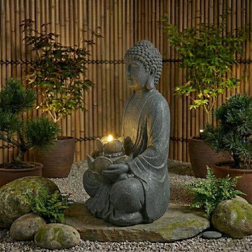 28" Height Zen-Style 2-Tier Meditating Buddha Water Fountain with Pump & LED Light, Outdoor Waterfall & Buddha Statue for Garden, Patio & Backyard