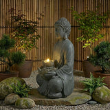 28" Height Zen-Style 2-Tier Meditating Buddha Water Fountain with Pump & LED Light, Outdoor Waterfall & Buddha Statue for Garden, Patio & Backyard