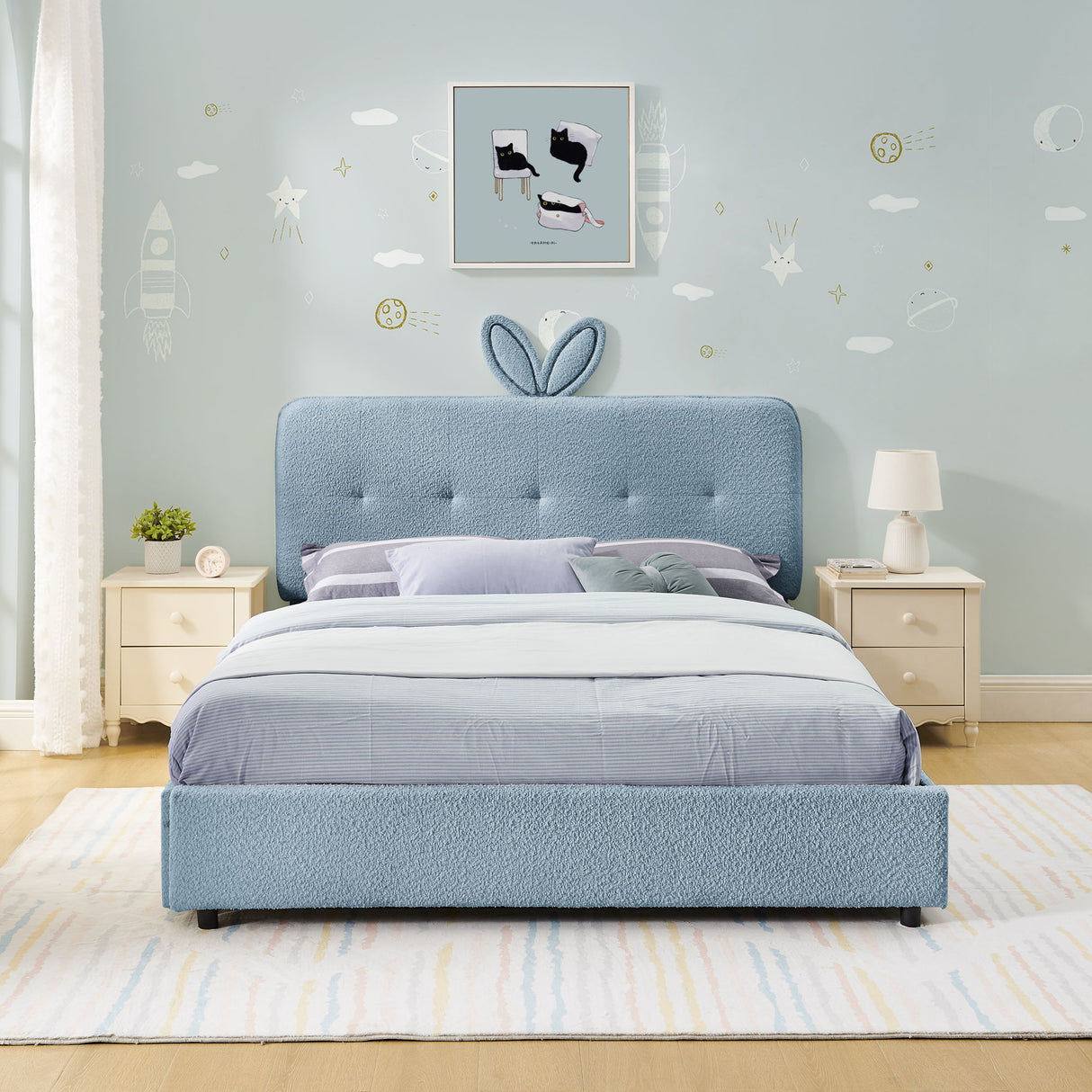 Upholstered Bed With Oversized Rabbit Ear Headboard, LED Lights & 4 Storage Drawers