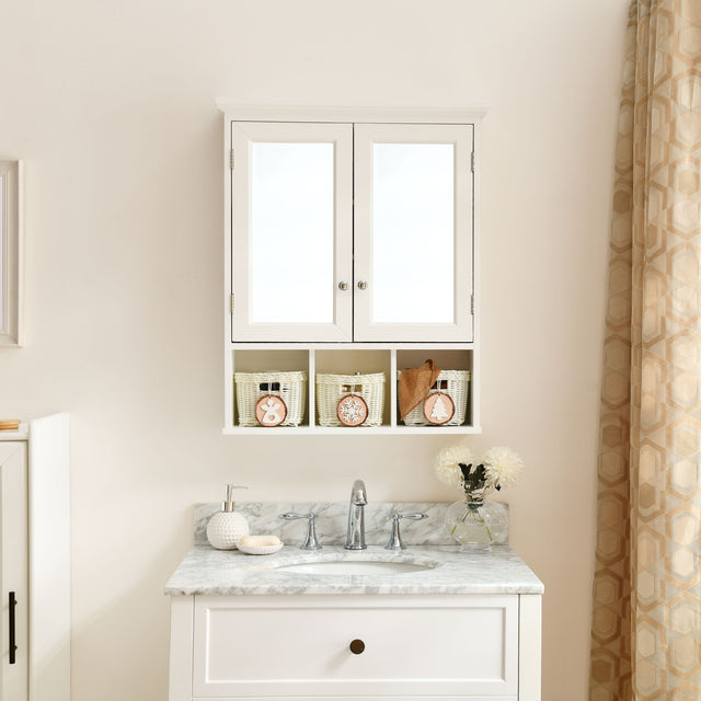 Bathroom Storage Cabinet, Medicine Cabinets For Bathroom With Mirror, 2 Doors 2 Adjustable Shelf & 3 Christmas Style Storage Basket - White - Medicine Cabinets - Alpine Outlets