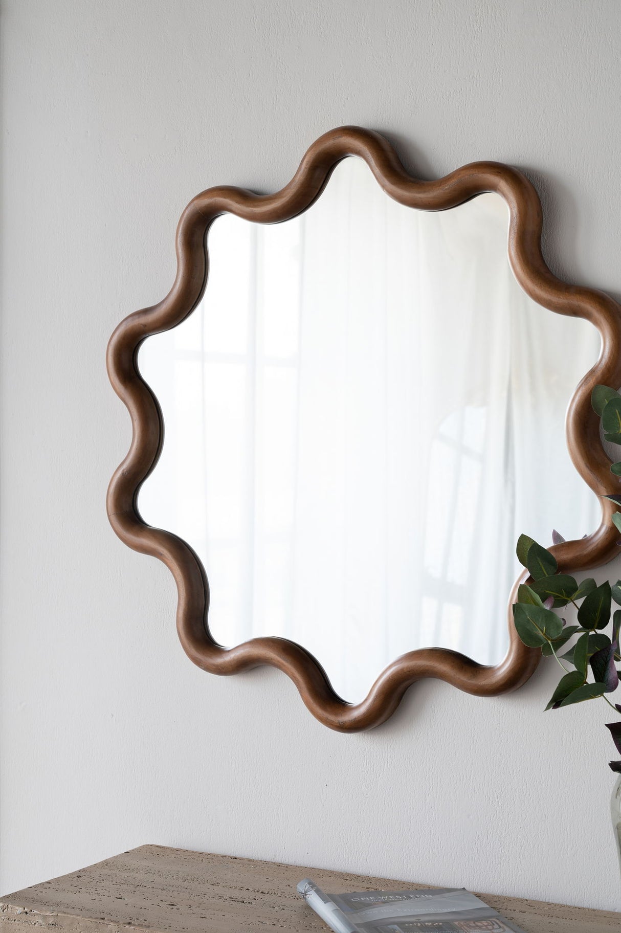 Wooden Accent Mirror With Unique Frame, Wall Mirror For Living Room Bedroom Entryway - Brown - Wall Mirrors - Alpine Outlets