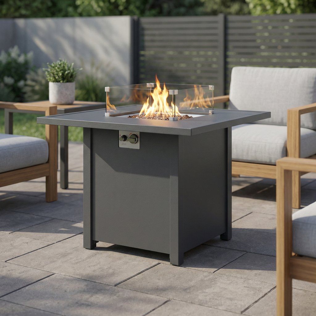 Outdoor Fire Pit Table Square Propane Heater Stainless Steel 30x25in Gray