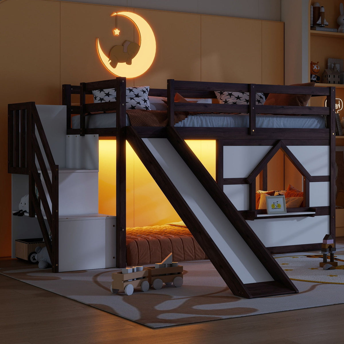 Loft Bed With Storage Stairs, Slide, Playhouse Window And 7 Colors LED Lights