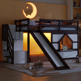 Loft Bed With Storage Stairs, Slide, Playhouse Window And 7 Colors LED Lights