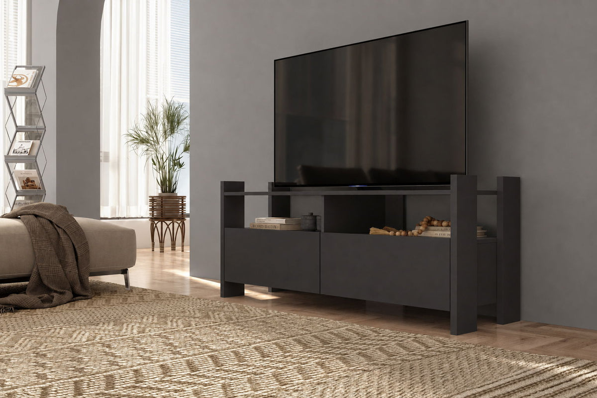 TV Stand For TVs Up To 55" With Open Shelves And 2 Drawers - Carbon Gray