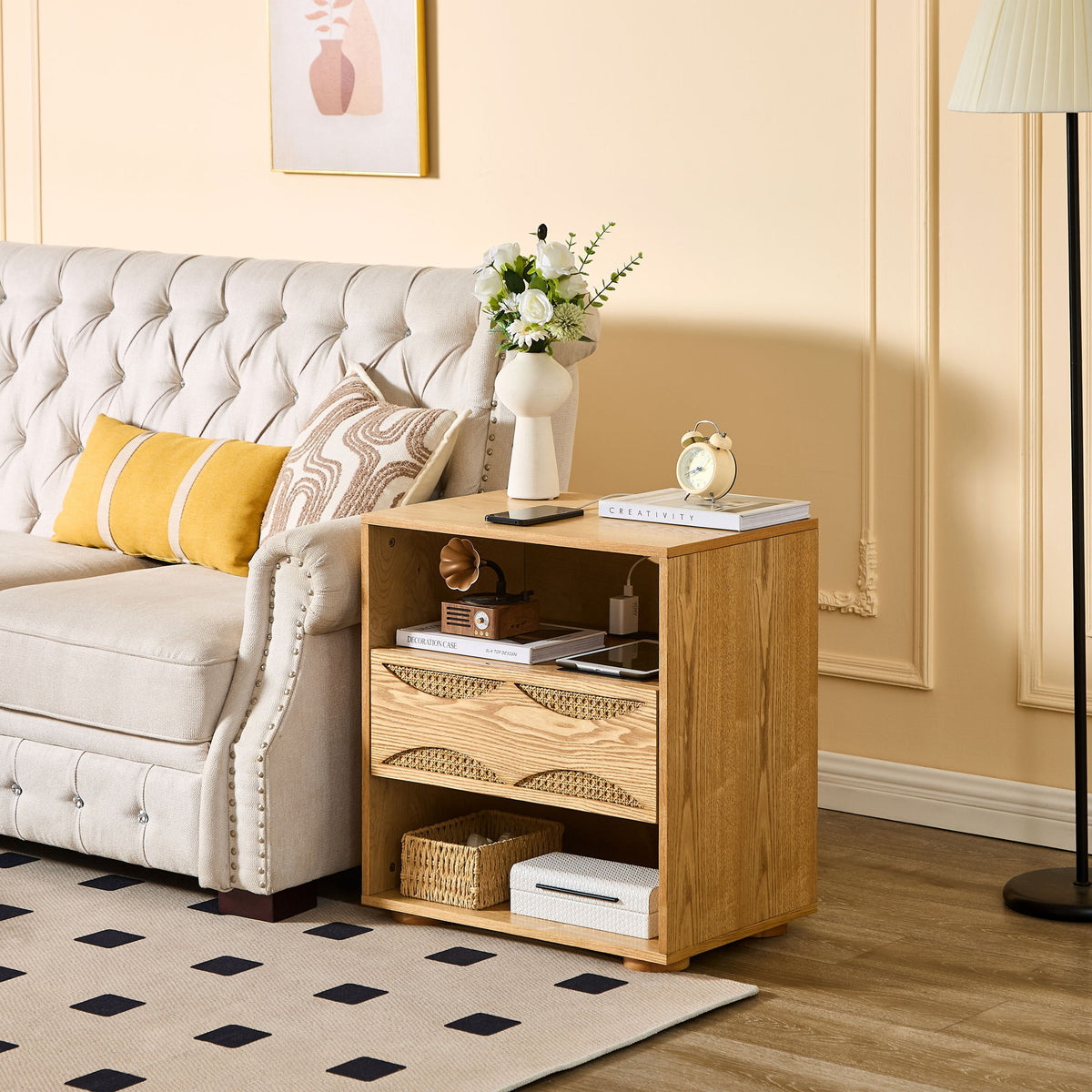 Nightstand With USB Ports & Outlet Hole, End Table With Drawer