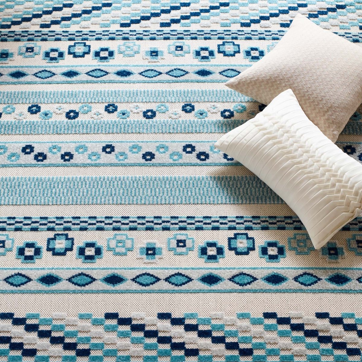 8x10 Ivory and Blue Vintage Abstract Geometric Lattice Indoor/Outdoor Rug - Mats and Rugs - Alpine Outlets