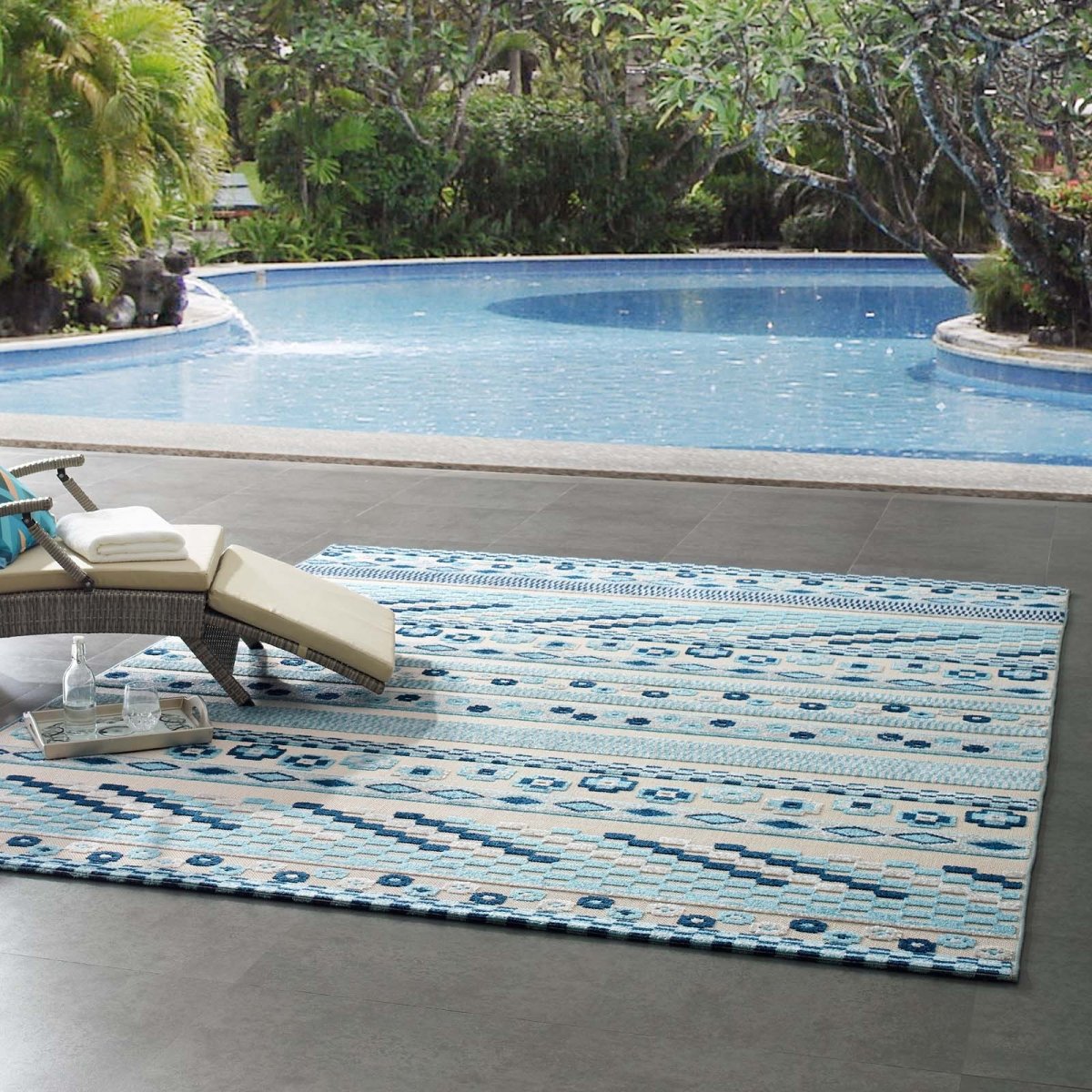 8x10 Ivory and Blue Vintage Abstract Geometric Lattice Indoor/Outdoor Rug - Mats and Rugs - Alpine Outlets