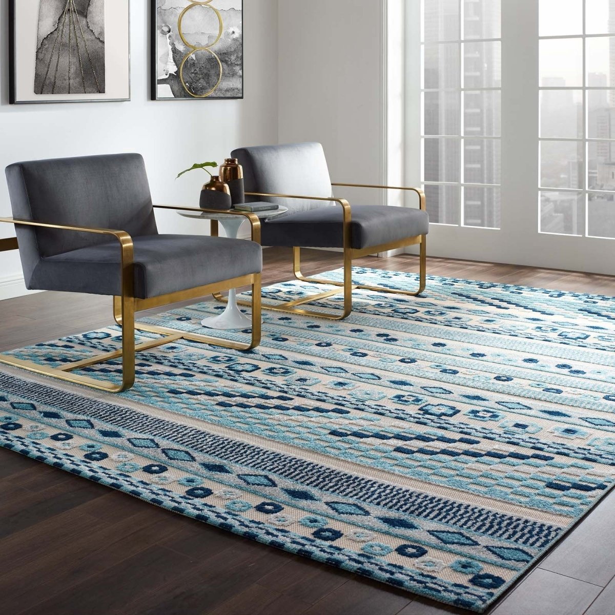 8x10 Ivory and Blue Vintage Abstract Geometric Lattice Indoor/Outdoor Rug - Mats and Rugs - Alpine Outlets