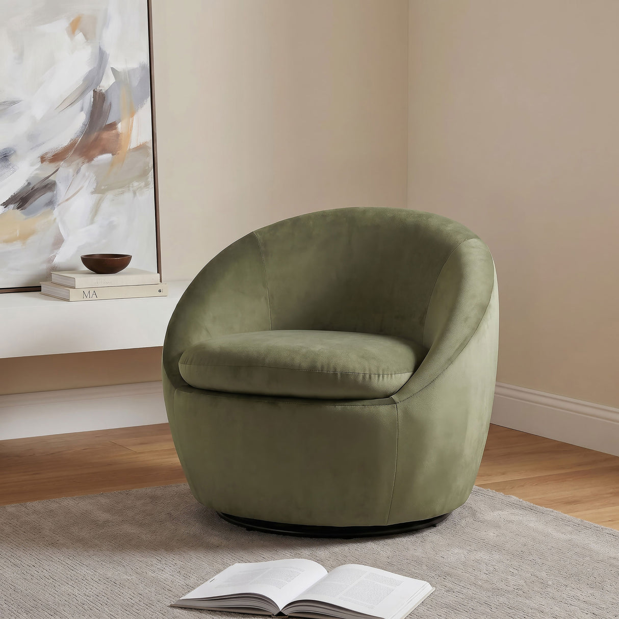 Myernick Olive Velvet Swivel Barrel Accent Chair