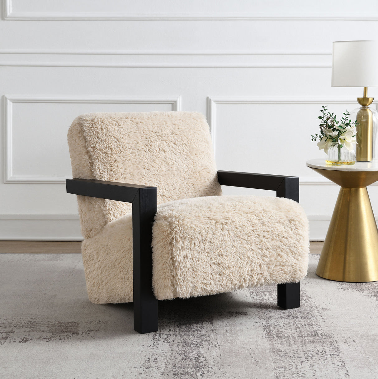 Fitzroy Faux Fur Accent Chair with Solid Wood Arms, Latte