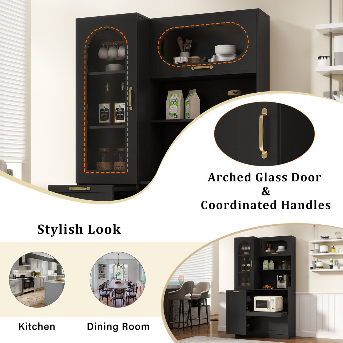 Tall Freestanding Kitchen Pantry Cabinet With Arched Glass Door